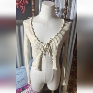AE Cream Ribbed Tie-Front Cardigan